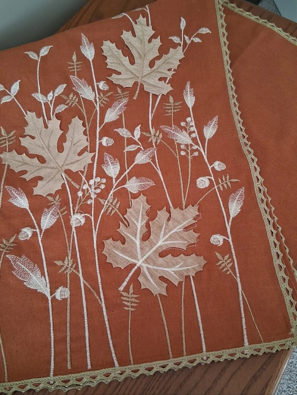 Fall Autumn Embroidered Table Runner Lattice Trim 68